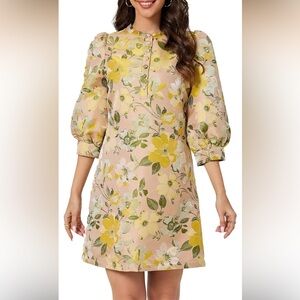 Yellow Floral Puff Sleeve Shift Dress